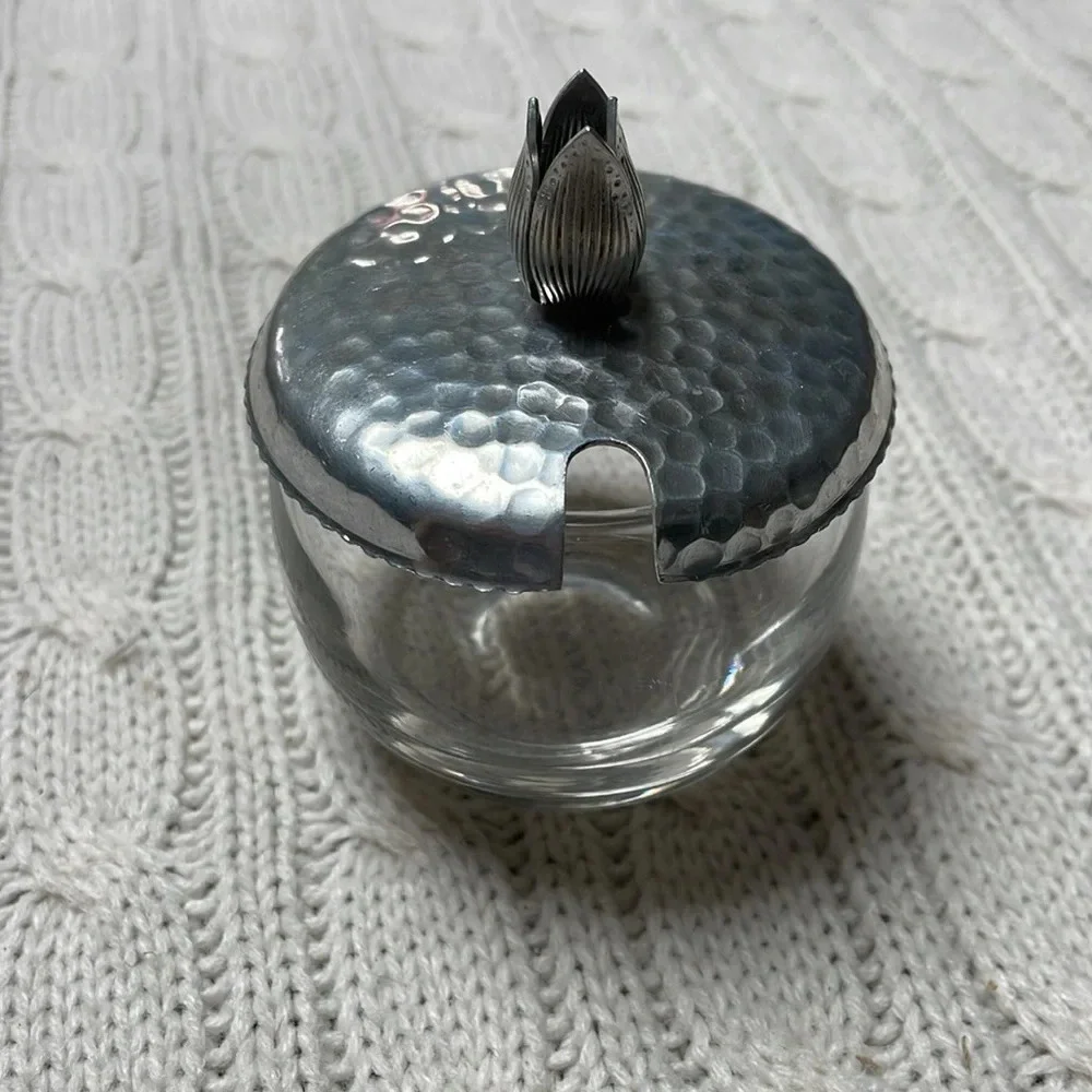 Vintage MCM Hammered Aluminum And Glass Jelly Jar With Lid with flowering knob
