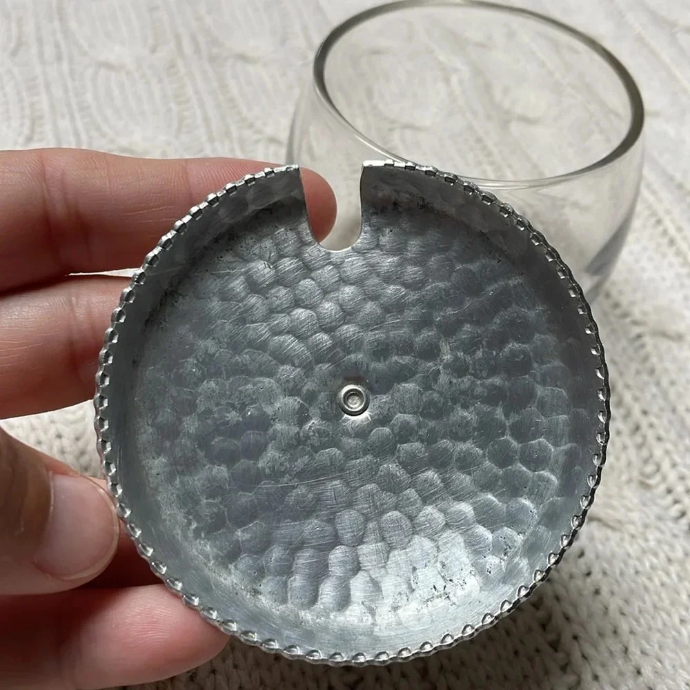 Vintage MCM Hammered Aluminum And Glass Jelly Jar With Lid with flowering knob