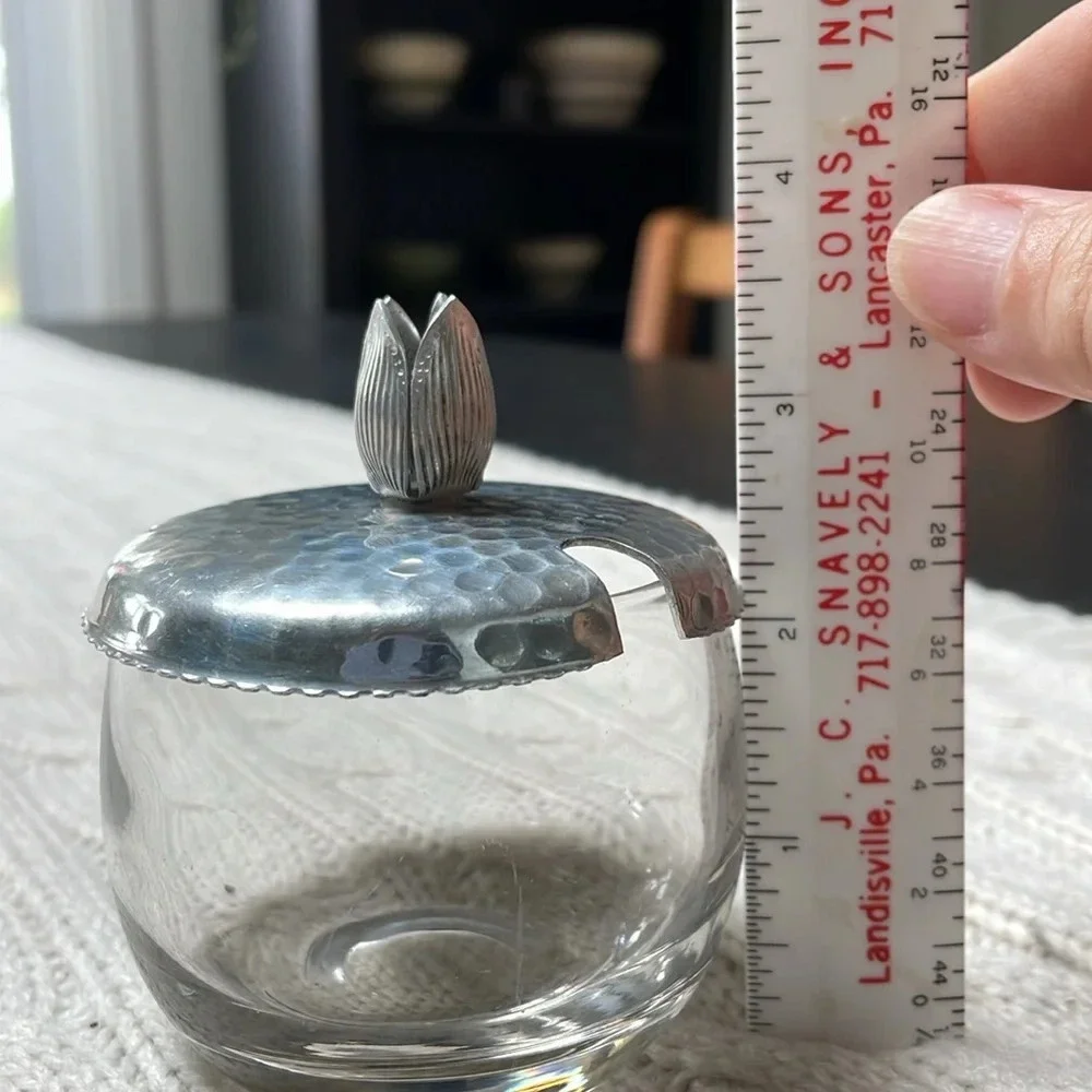 Vintage MCM Hammered Aluminum And Glass Jelly Jar With Lid with flowering knob