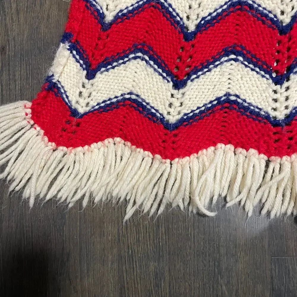 Vintage Handmade Zigzag Fringe Tassel Red White Blue Granny Afghan Throw