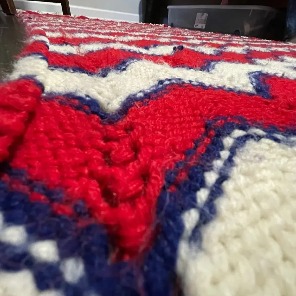 Vintage Handmade Zigzag Fringe Tassel Red White Blue Granny Afghan Throw