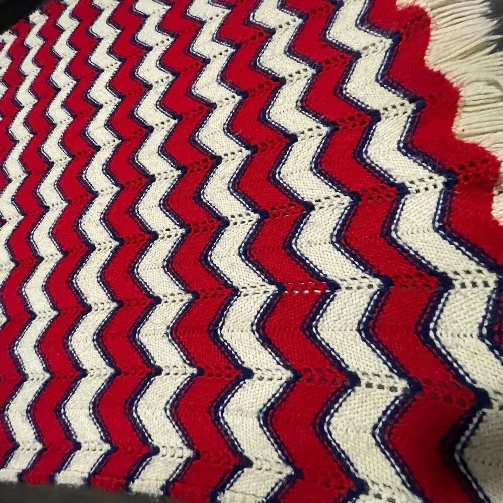 Vintage Handmade Zigzag Fringe Tassel Red White Blue Granny Afghan Throw
