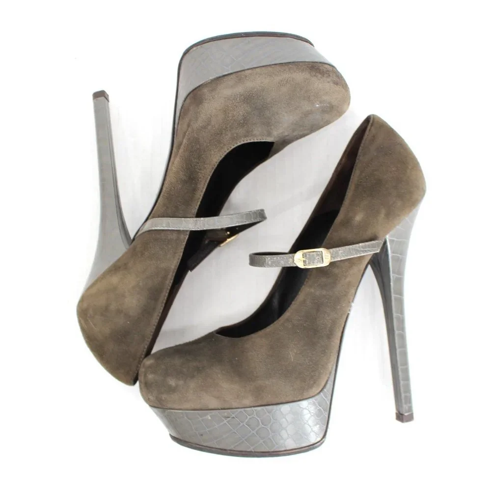 Fendi Olive Suede Croc Platform Pumps Sz 40 Ankle Strap Mary Jane Stiletto Heels