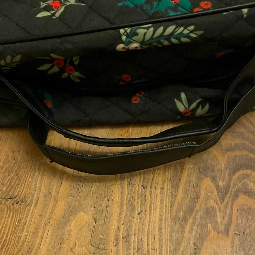 Quilted Women's Bag Black with Green, Red & White Floral Design