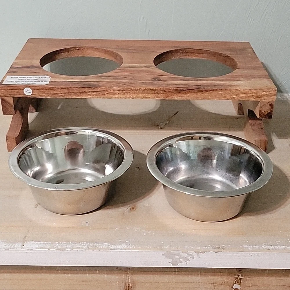 Small Wooden Elevated Pet Feeder with Stainless Steel Bowls