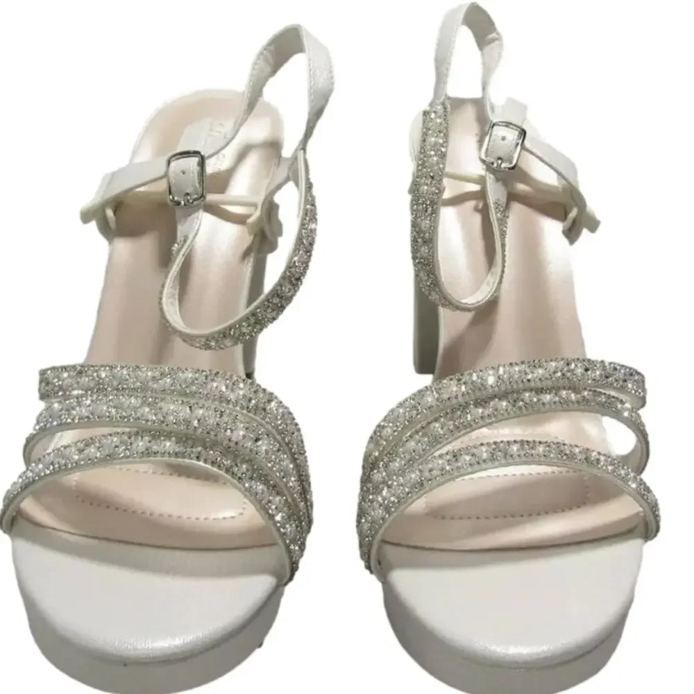 NEW GALINA Signature Peace Satin and Crystal Platform Heels Women's Size 9