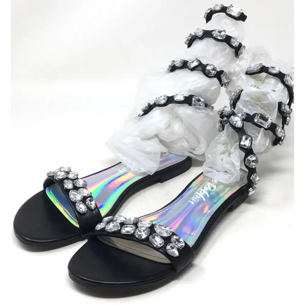 Cape Robbin Esmeralda Women's Size 7.5 Black Wrap Up Gemstone Round Sandals