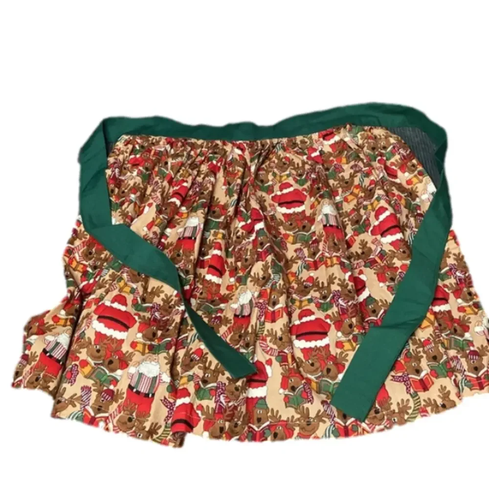 Vintage Handmade Christmas Apron Santa Reindeer Print Tie Back Red Green