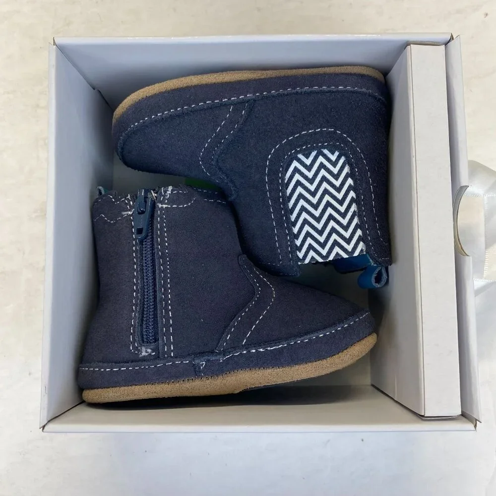 Robeez First Kicks Maddox Navy Leather Boot Size 6-9 Months Zipper,Baby, New
