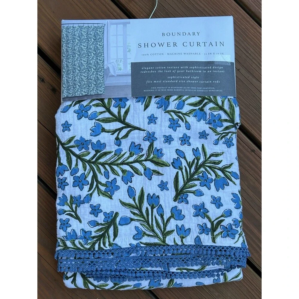 Boundary Shower Curtain Elegant Cotton Texture White Blue Flowers Blue Trim New