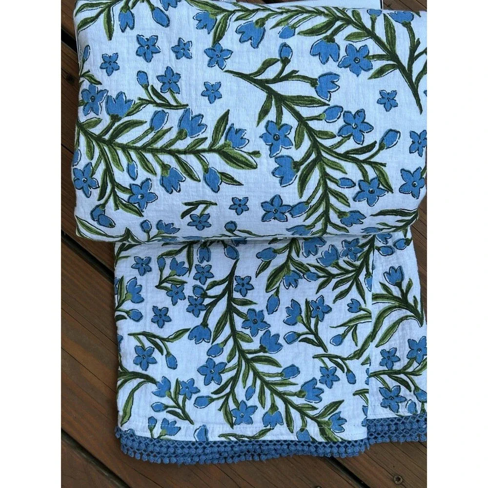 Boundary Shower Curtain Elegant Cotton Texture White Blue Flowers Blue Trim New