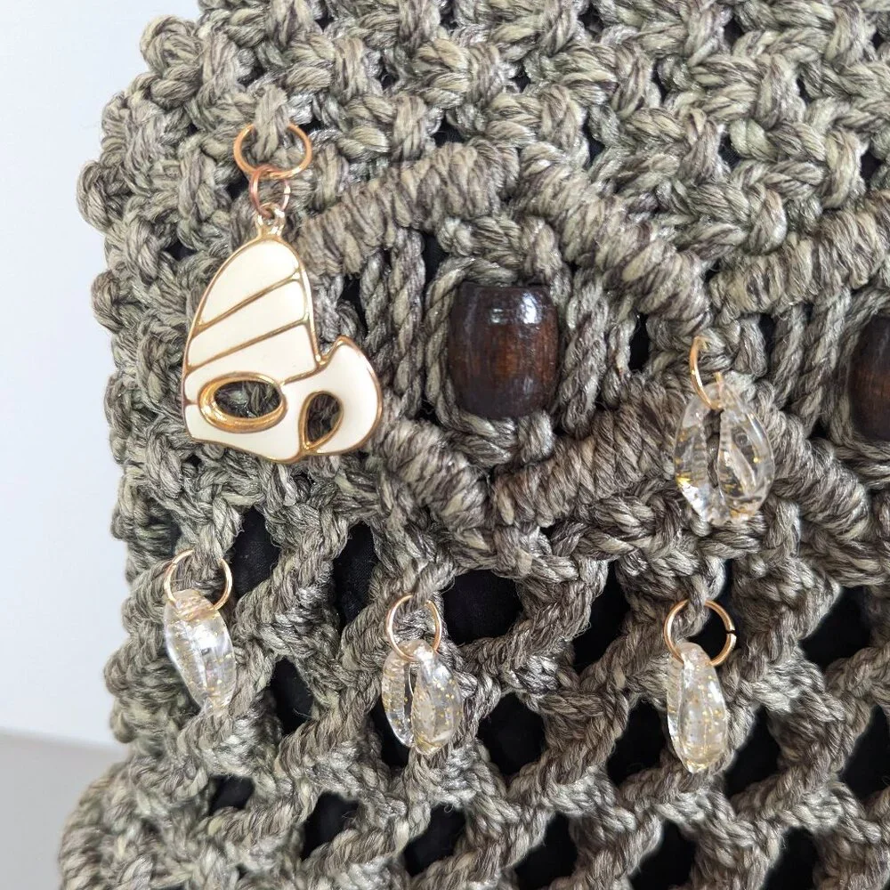 Vintage Taupe Macrame Bag Double Wooden Handle Upcycled Jewelry Charms Shells