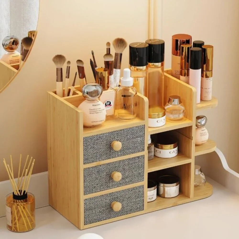 Bamboo Makeup Organizer with Brush Holder, Drawers & Shelves for Vanity & Room