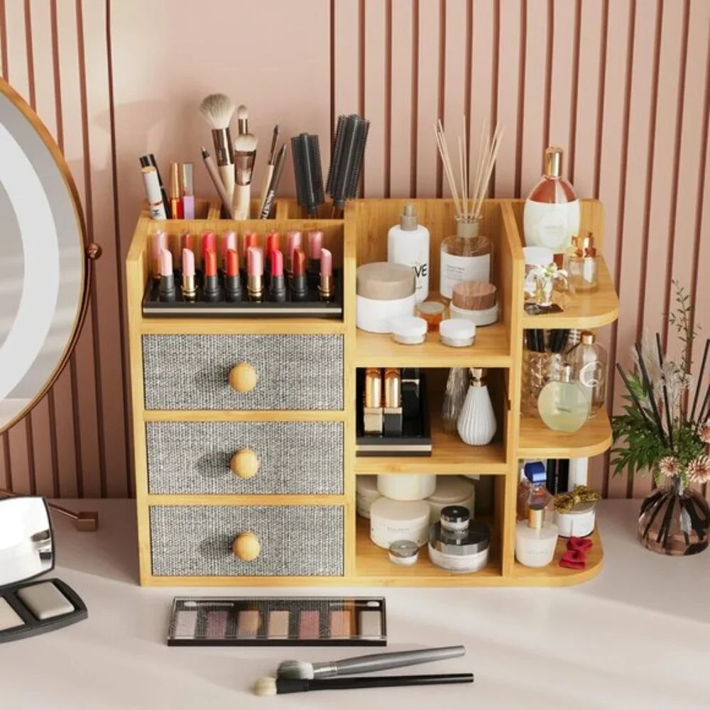 Bamboo Makeup Organizer with Brush Holder, Drawers & Shelves for Vanity & Room