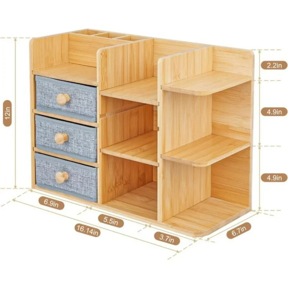Bamboo Makeup Organizer with Brush Holder, Drawers & Shelves for Vanity & Room