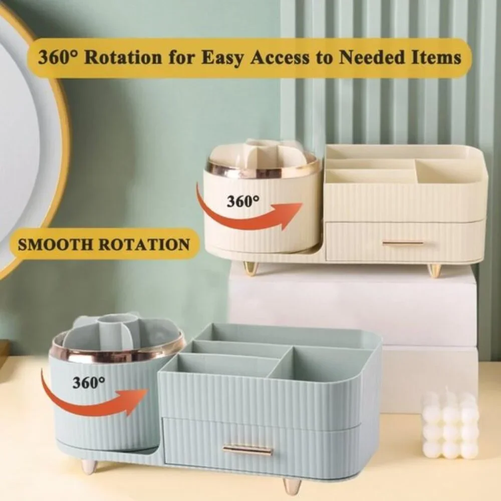 New Green 360° Rotating Makeup Organizer with Drawer & Brush Holder for Vanity