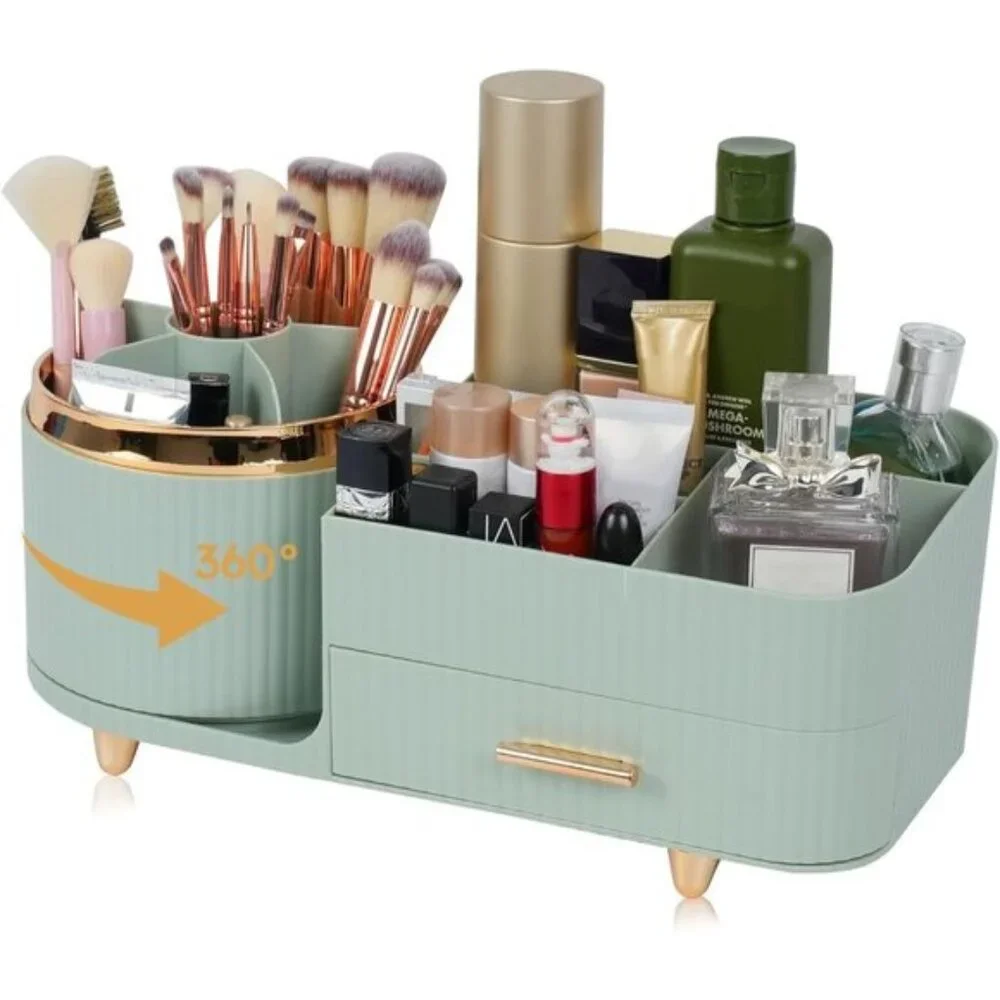 New Green 360° Rotating Makeup Organizer with Drawer & Brush Holder for Vanity