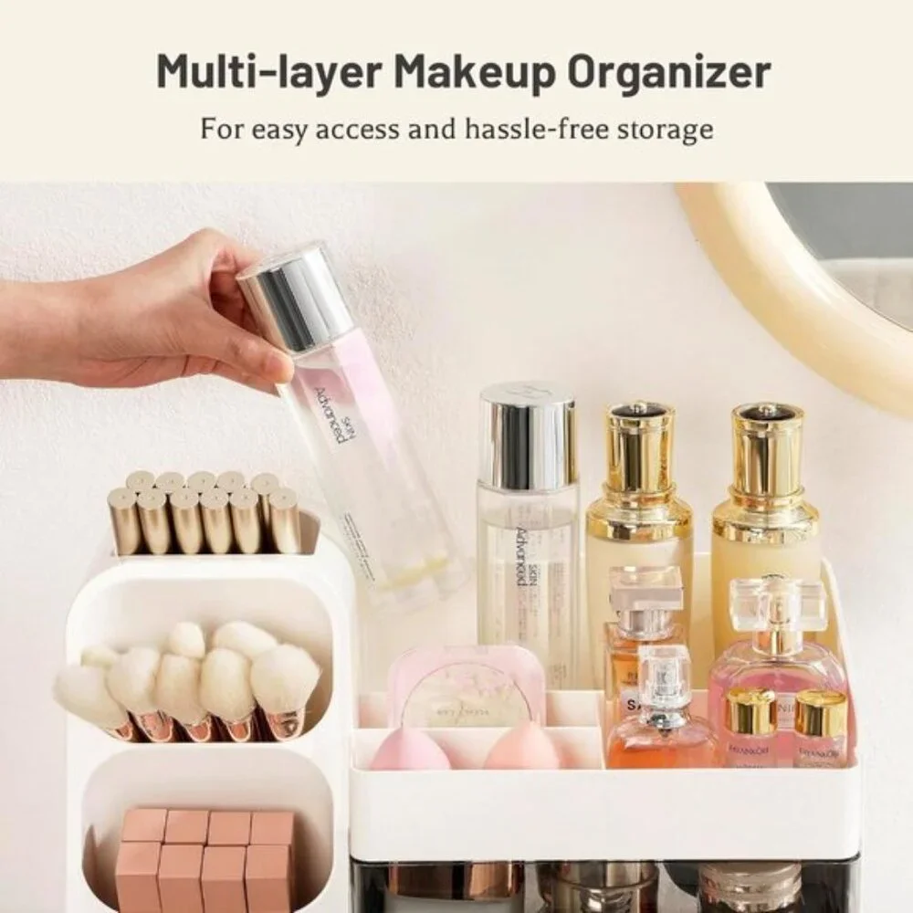 White Makeup Organizer with Drawers & Brush Holder for Vanity & Skincare Storage