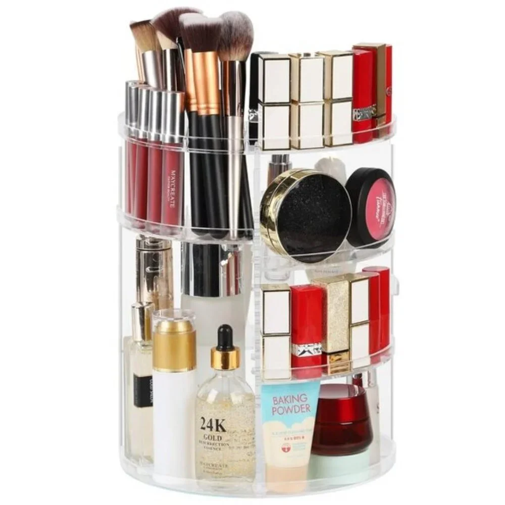New 360° Rotating Clear Makeup Organizer for Vanity & Skincare Storage