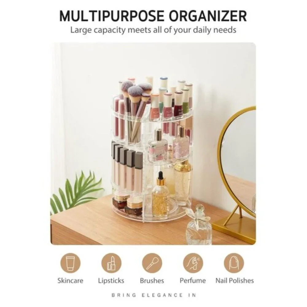 New 360° Rotating Clear Makeup Organizer for Vanity & Skincare Storage
