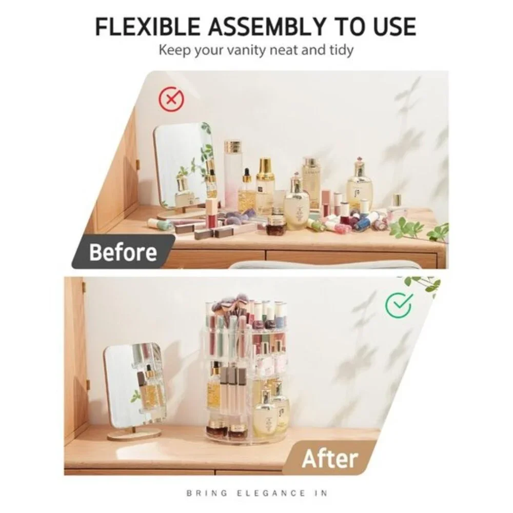 New 360° Rotating Clear Makeup Organizer for Vanity & Skincare Storage