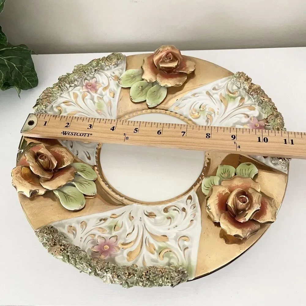 Vintage Capodimonte Vase Plate Set Italian Ornate Porcelain 12” MCM Handles Gold