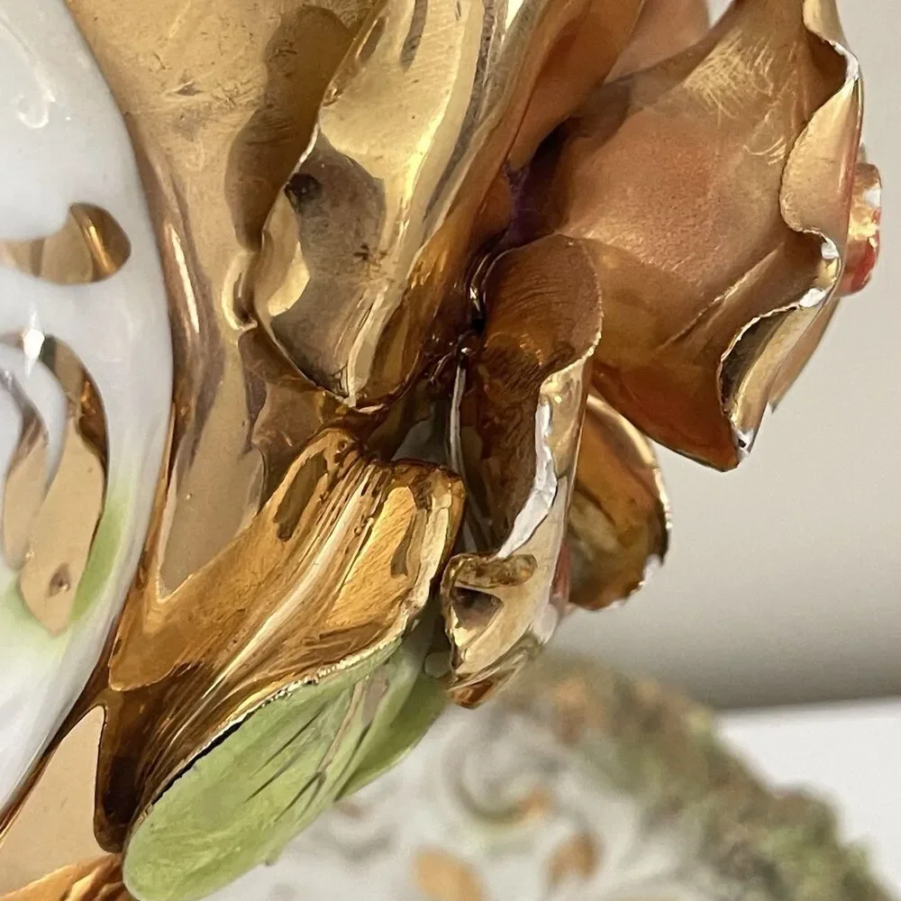 Vintage Capodimonte Vase Plate Set Italian Ornate Porcelain 12” MCM Handles Gold