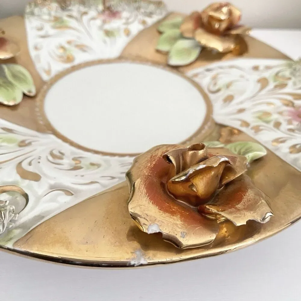 Vintage Capodimonte Vase Plate Set Italian Ornate Porcelain 12” MCM Handles Gold