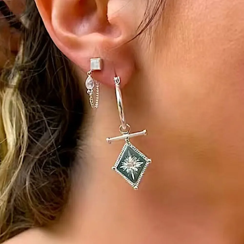 Silver North Star Starburst Zircon Dangle Drop Earrings