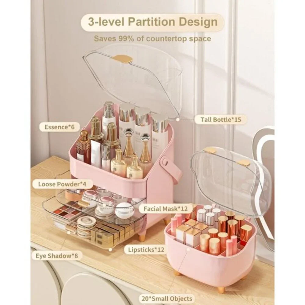New Pink Makeup Organizer, Skincare & Cosmetic Storage for Vanity