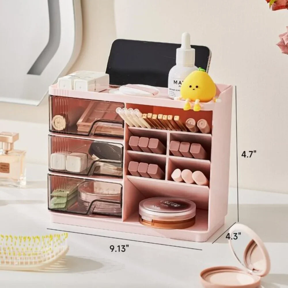 New Pink Makeup Organizer, 3-Drawer Vanity & Skincare Storage for Room Counter