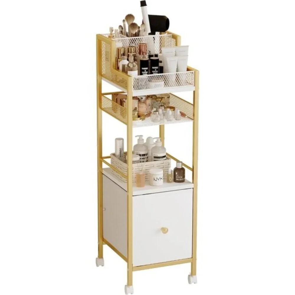 New Gold Rolling Makeup Storage Cart, Vanity Organizer with Drawers for Home