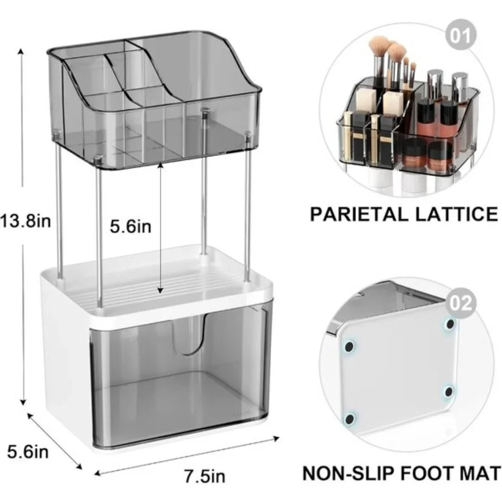 New 3-Tier Gray Makeup Organizer, Small Countertop Drawer Storage for Skincare