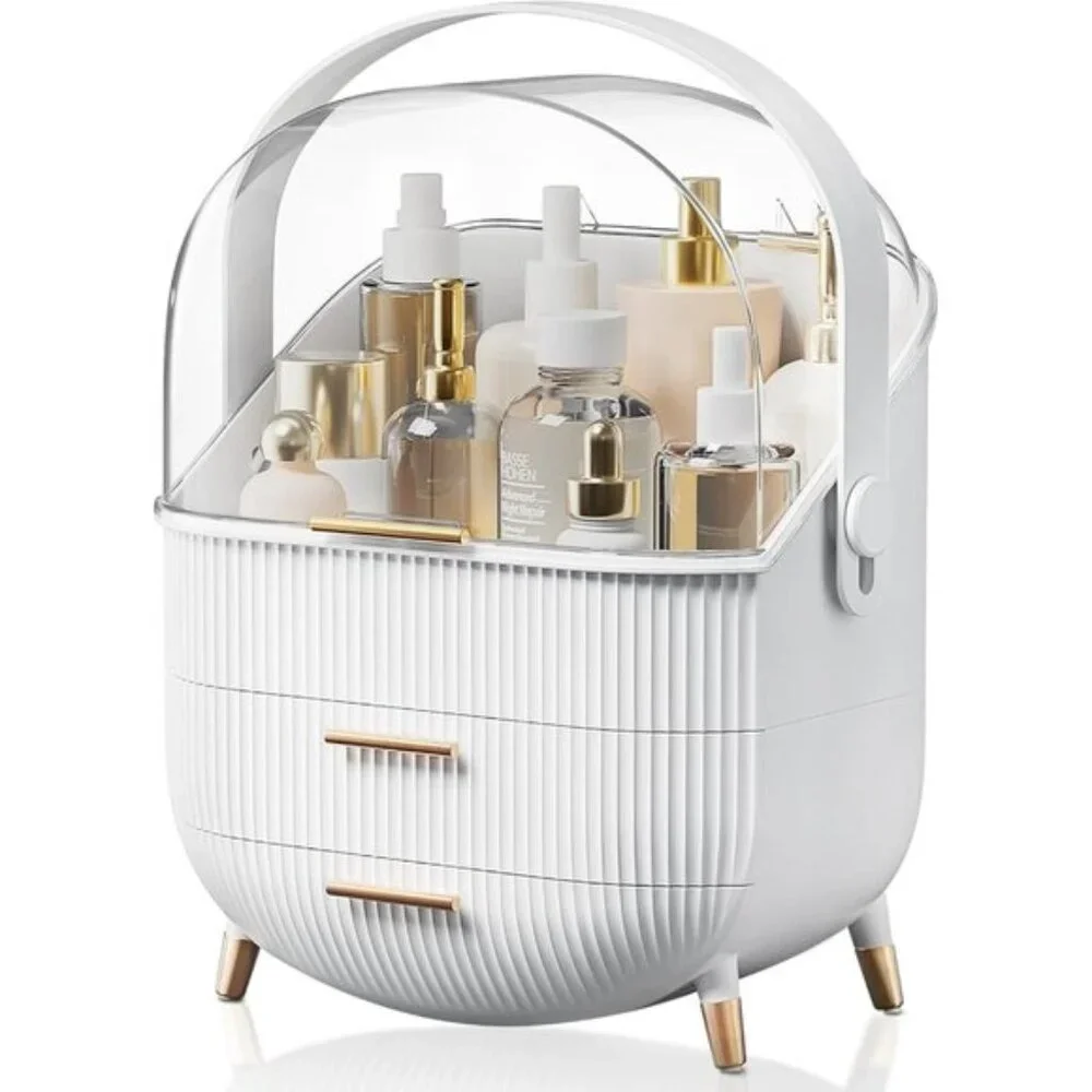 New Makeup Storage Organizer with Lid, Waterproof Vanity Box for Skincare, White
