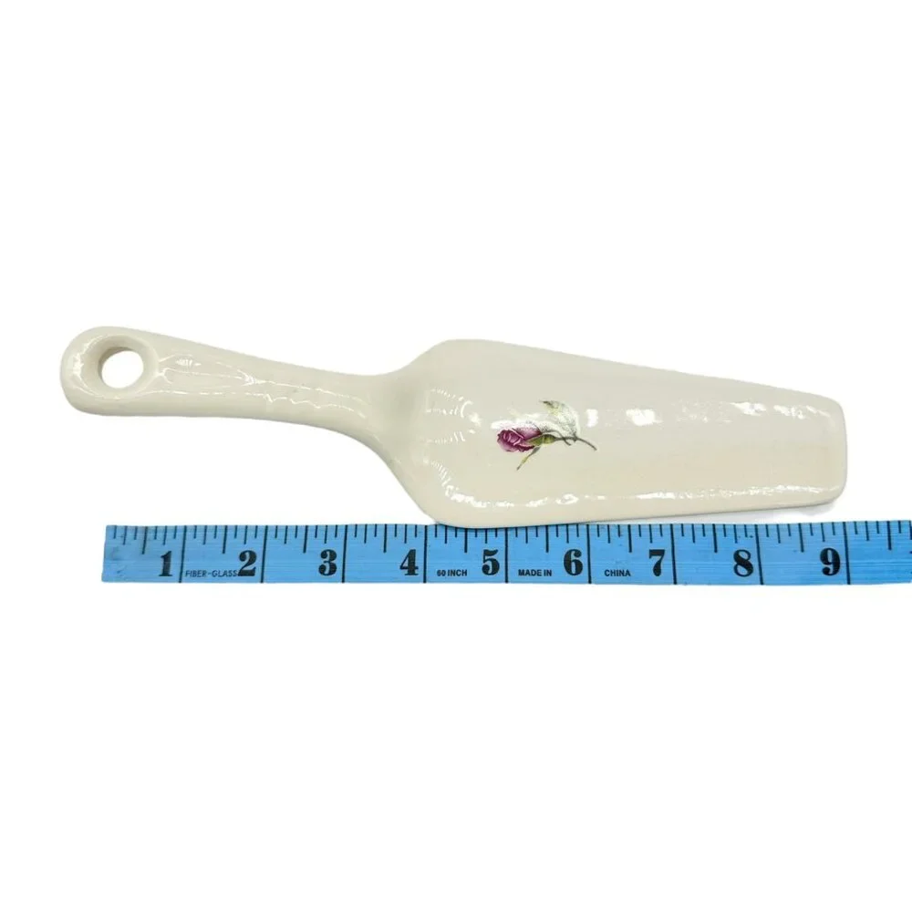 Vintage White Ceramic Cake Server With Pink Rose Design 9 inches Long