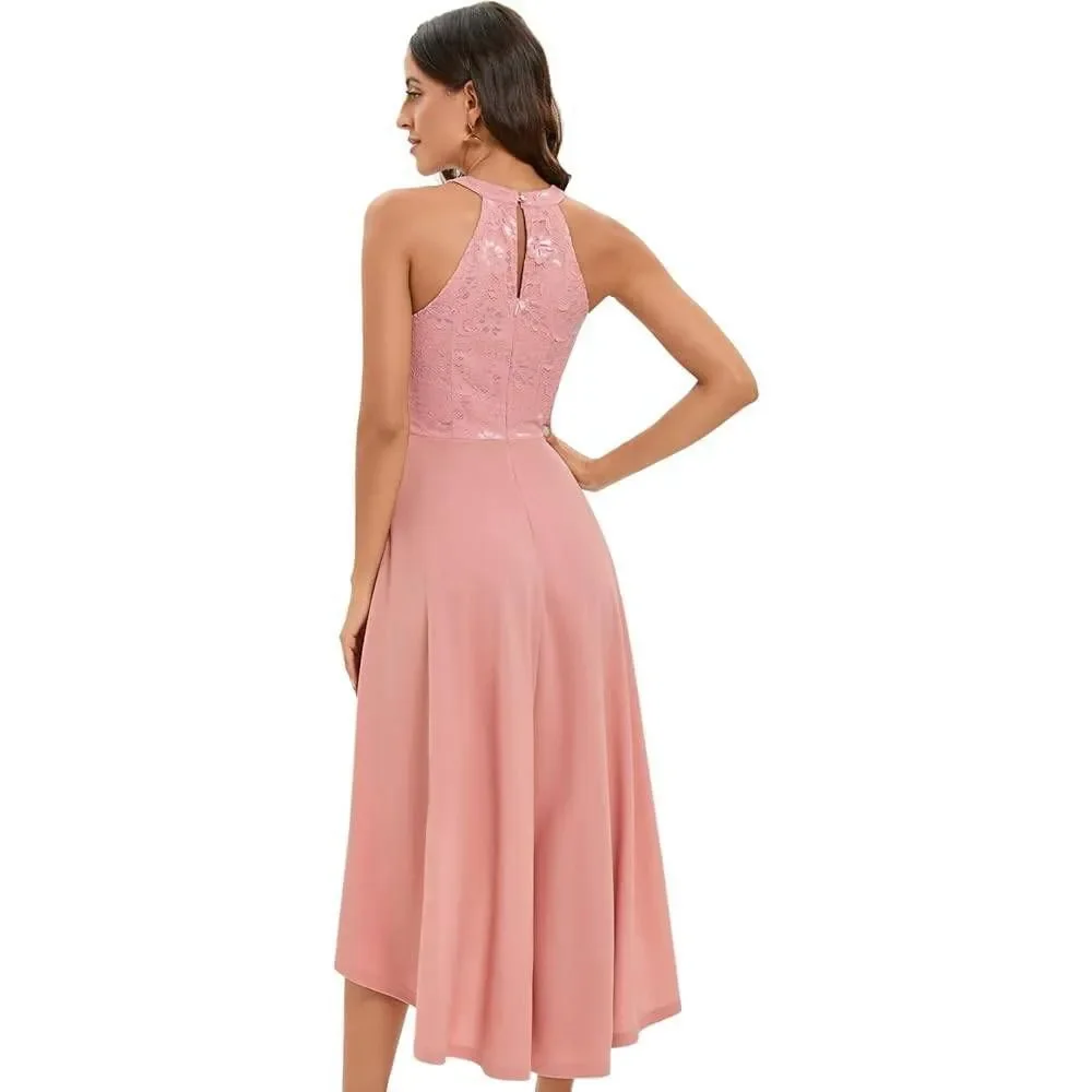 CBbonlinedress Women Size XL Pink High Low Halter Cocktail A-line Lace Dress