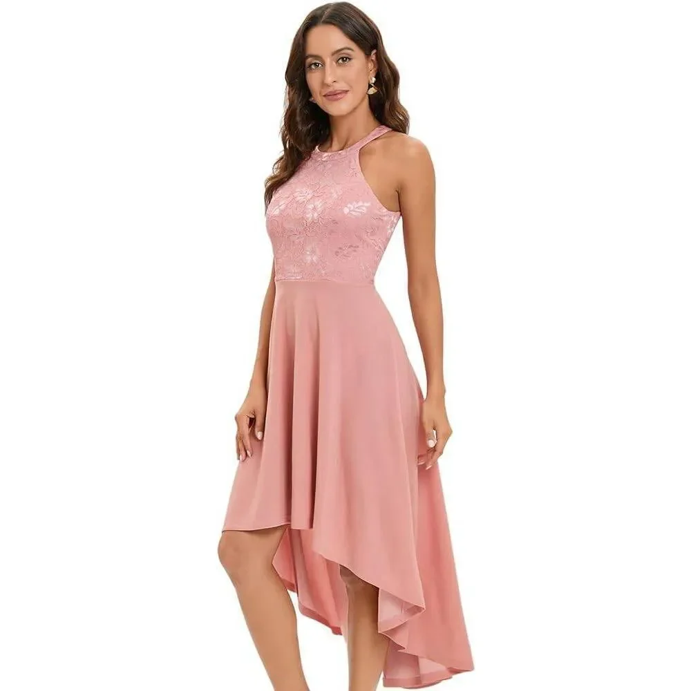 CBbonlinedress Women Size XL Pink High Low Halter Cocktail A-line Lace Dress