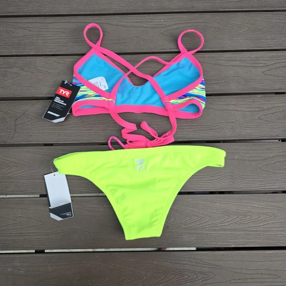 TYR Women's Neon/multi Mix & Match Tieback Tops & Micro Bikini Sz S New Sample