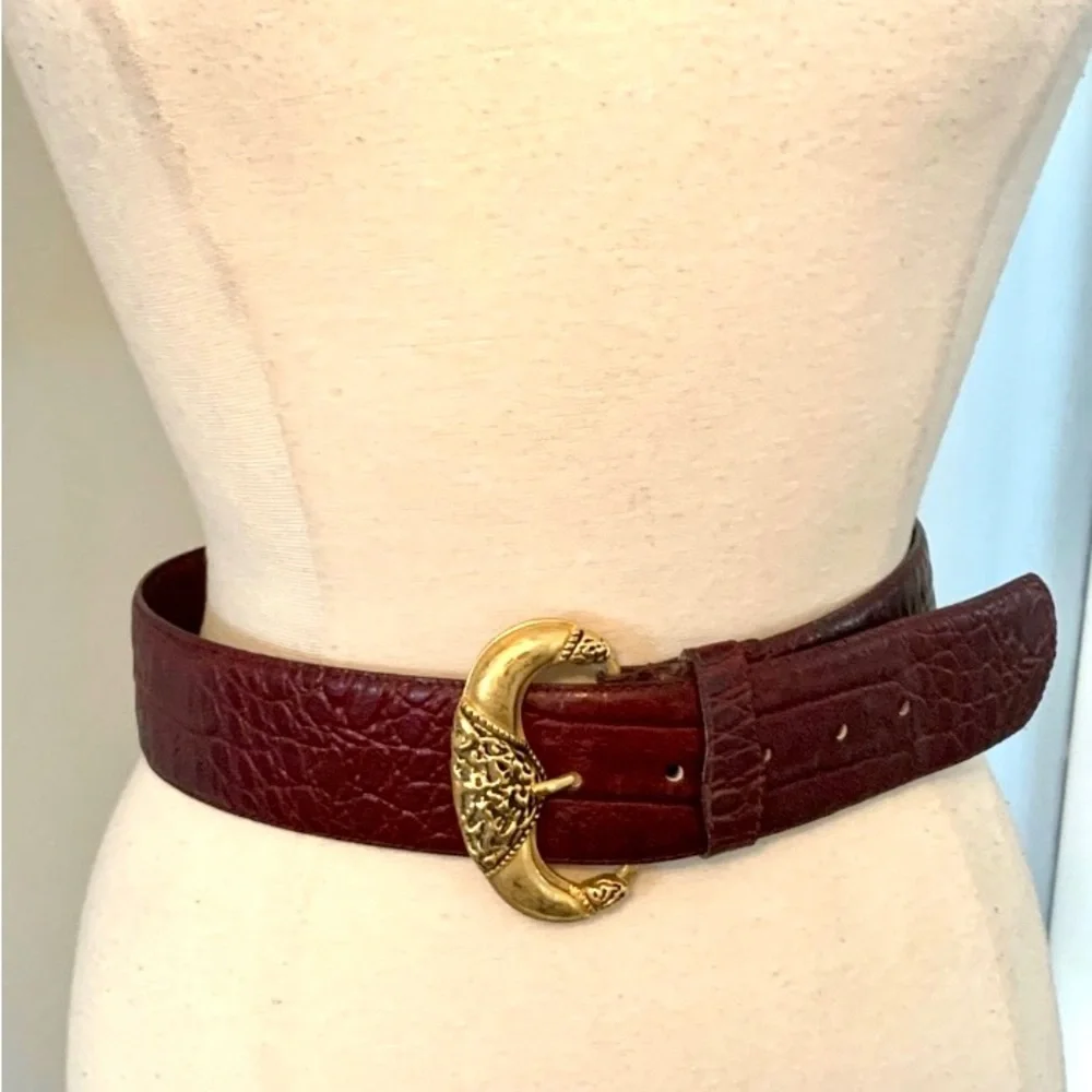 Vintage Milor Faux Alligator belt Gold Art Nouveau Modernist Buckle Brutalist