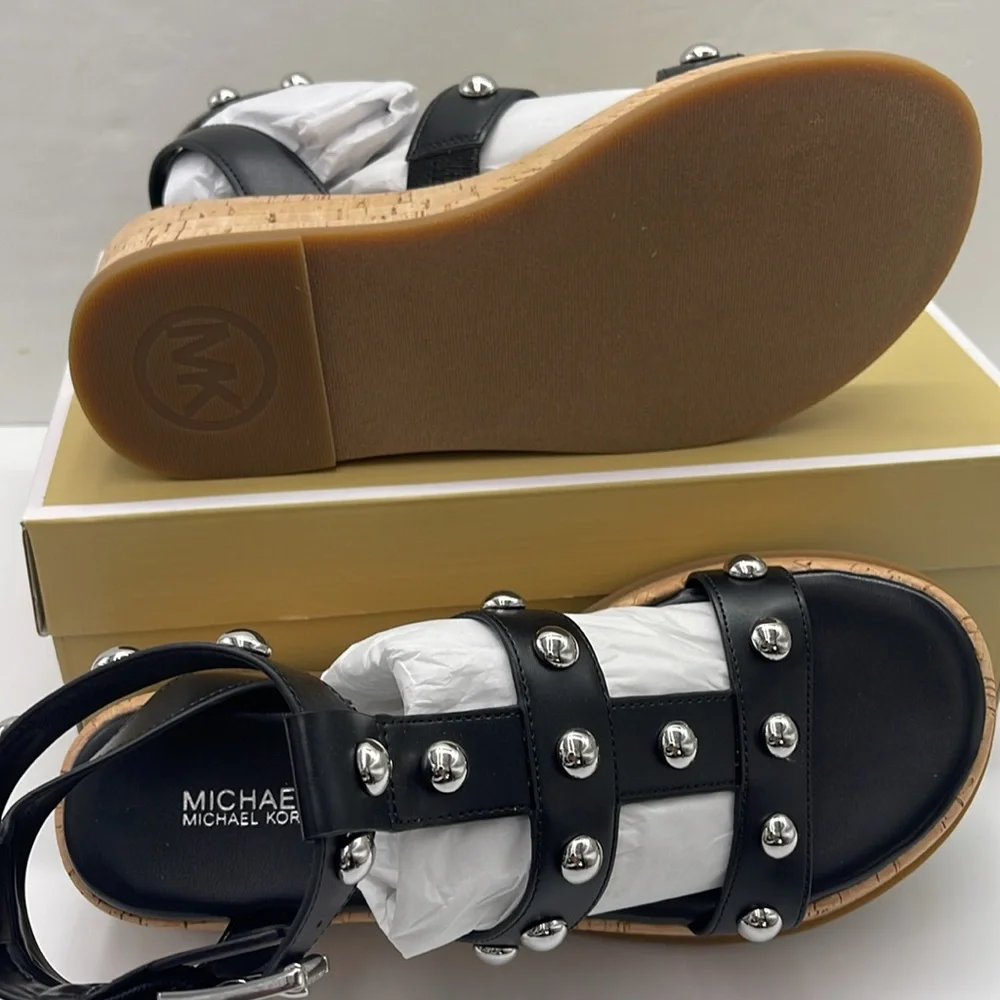 MICHAEL KORS Selah Studded Platform Gladiator Silver Studded Sandal Black New