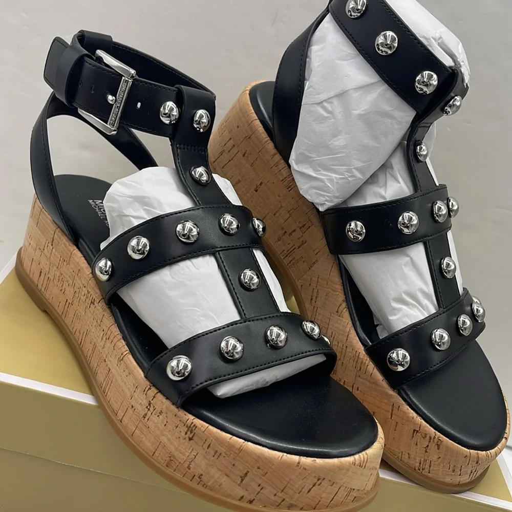 MICHAEL KORS Selah Studded Platform Gladiator Silver Studded Sandal Black New