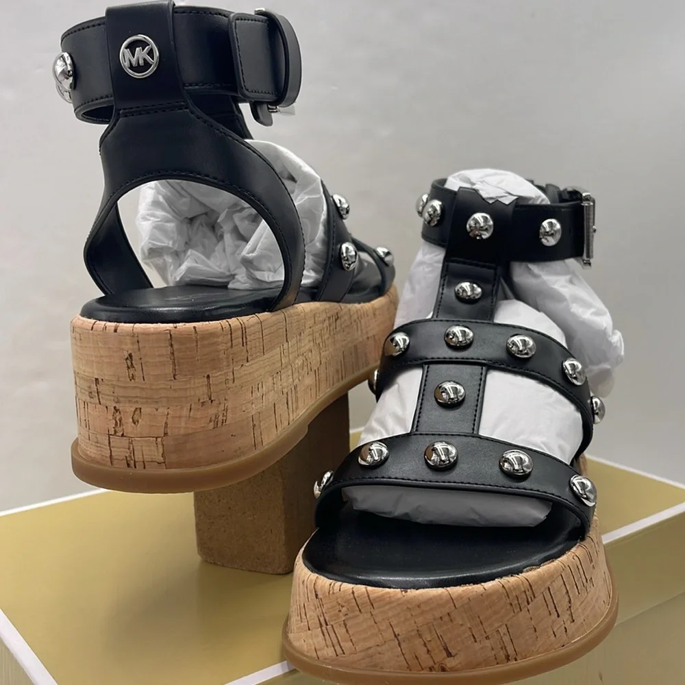 MICHAEL KORS Selah Studded Platform Gladiator Silver Studded Sandal Black New