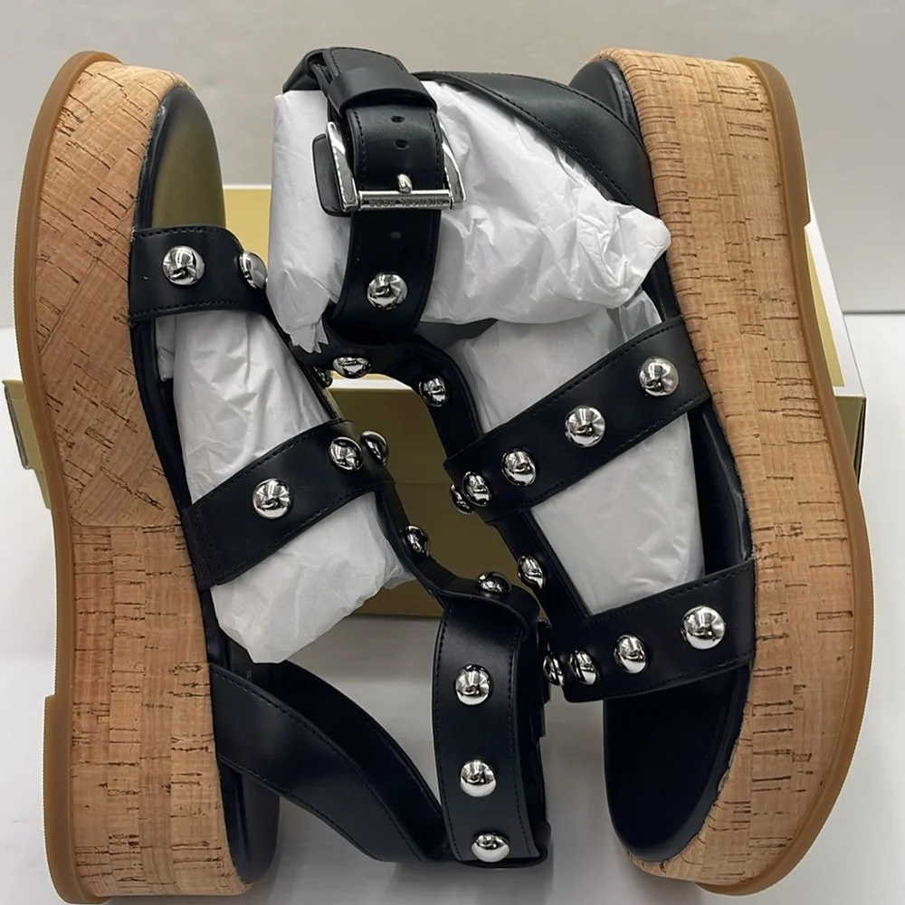 MICHAEL KORS Selah Studded Platform Gladiator Silver Studded Sandal Black New