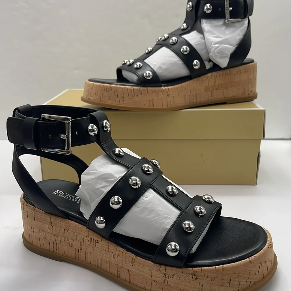 MICHAEL KORS Selah Studded Platform Gladiator Silver Studded Sandal Black New