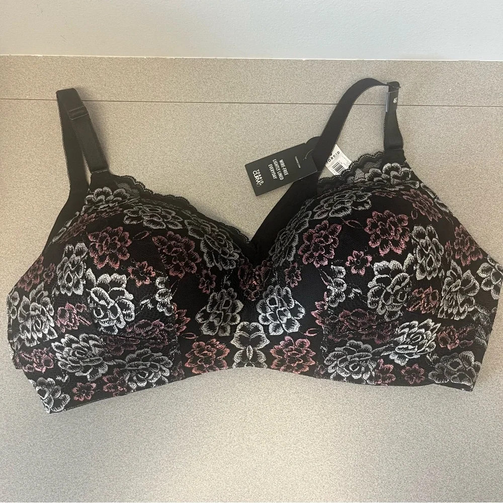 TORRID Curve Wire-Free Floral Lace Black/Pink/Silver Bra Sz 46C