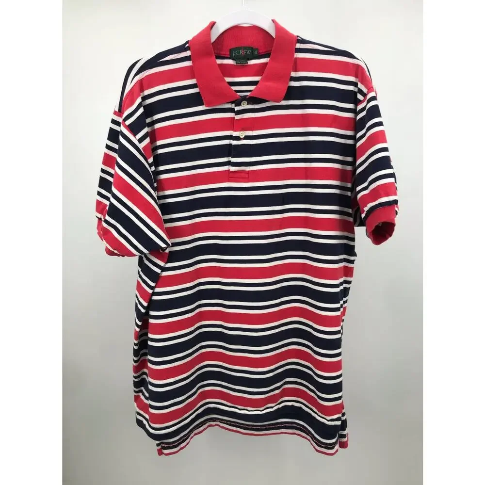 J. Crew Vintage Red White Blue Striped Short Sleeve Polo Shirt Mens XL
