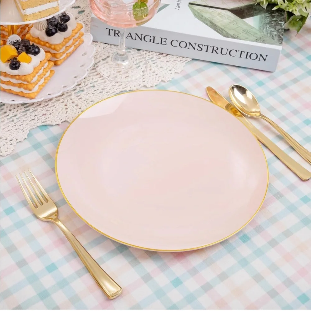 100PCS Pink Disposable Plates w Gold Rim 10.25 inch Ideal for Wedding💒&Party🥳