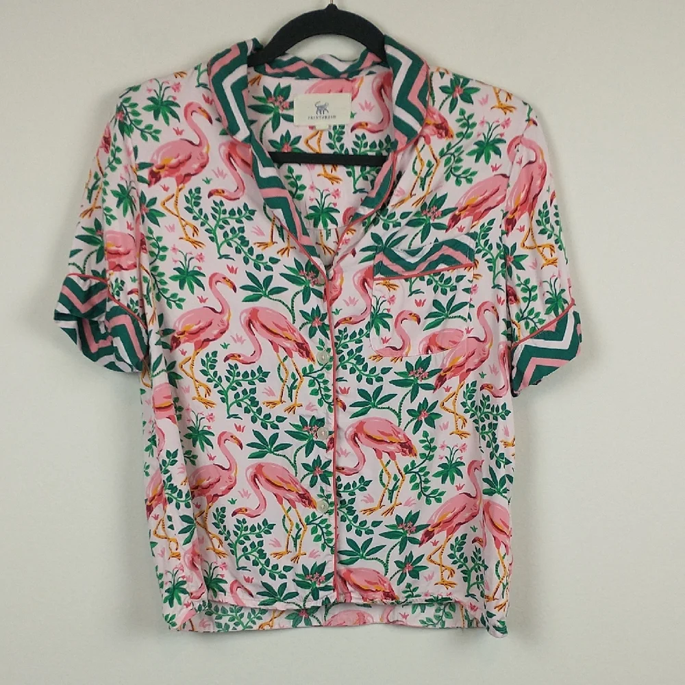 Printfresh Flock of Flamingos Pajama Top Womens XS Viscose Short Sleeve Button