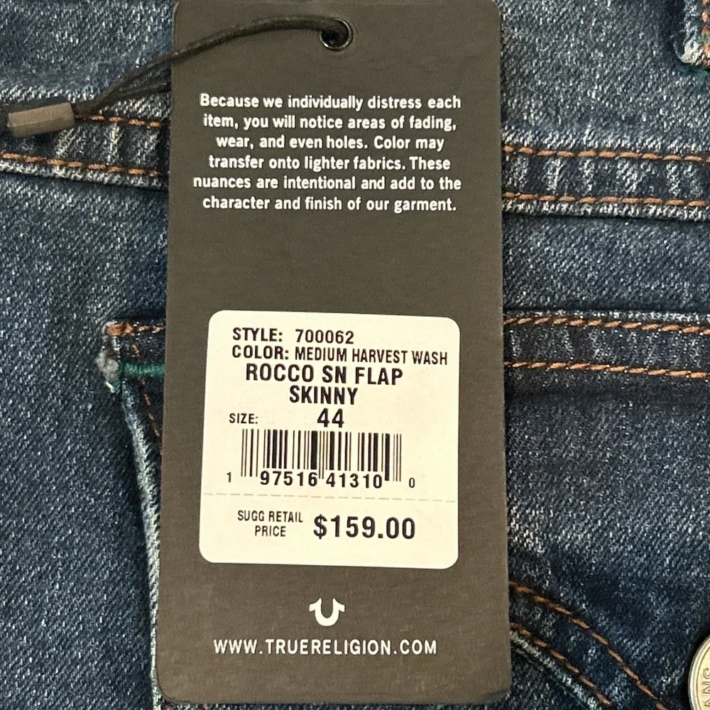 True Religion Rocco Jean Men 44x32 Blue Denim Relaxed Skinny Medium Harvest Wash
