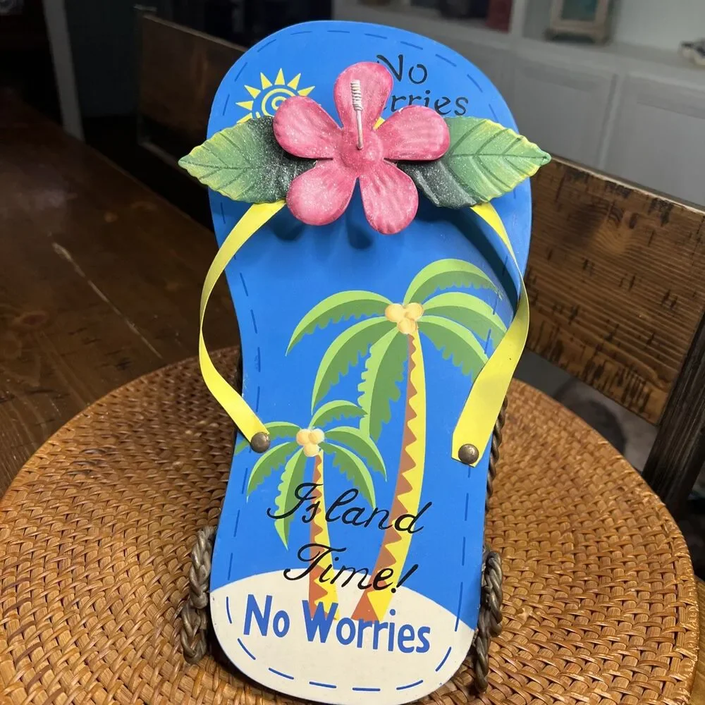 Glitter Flip Flop Island Time Wall Sign, Wood And Metal 3D Flower